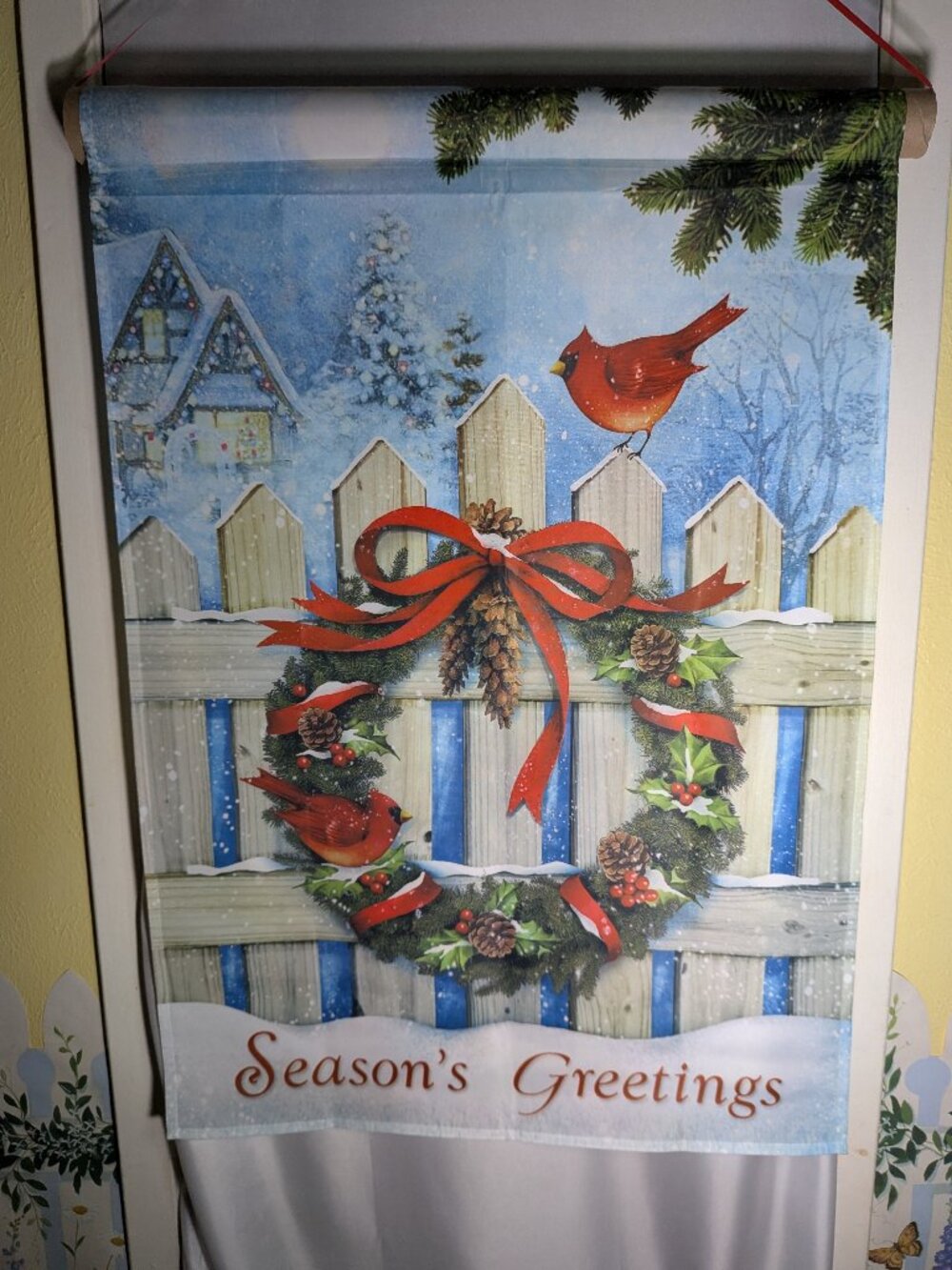 VTG Vigor Season's Greetings Christmas Garden Flag Cardinal Wreath Bow Banner